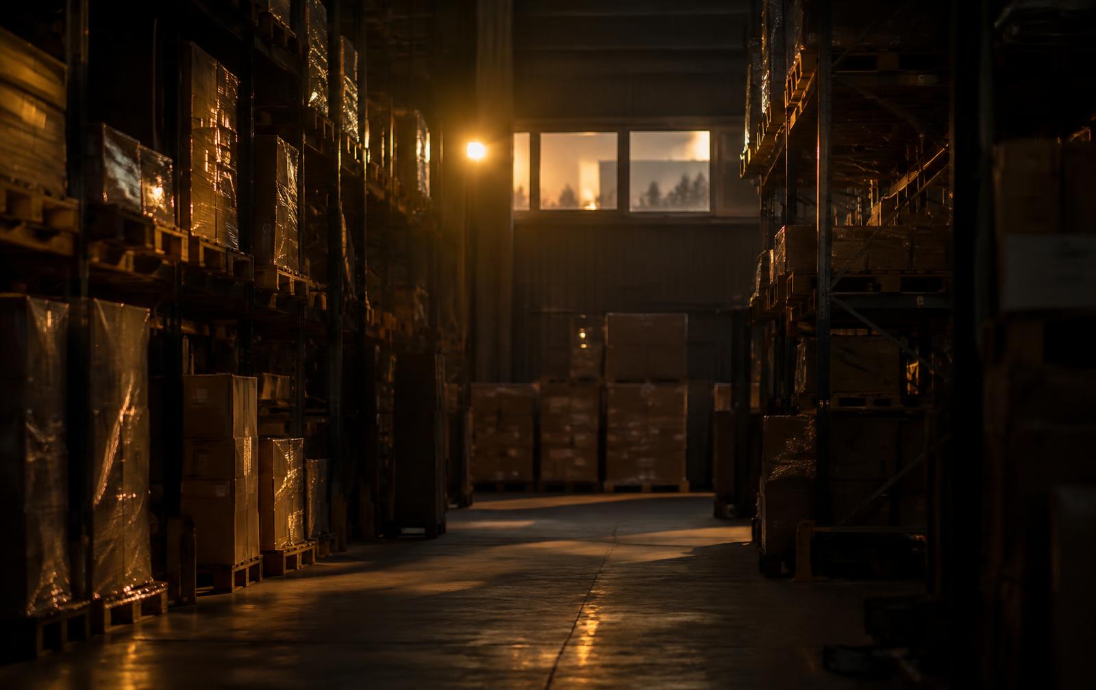 Entrepôt de stockage avec palettes et cartons